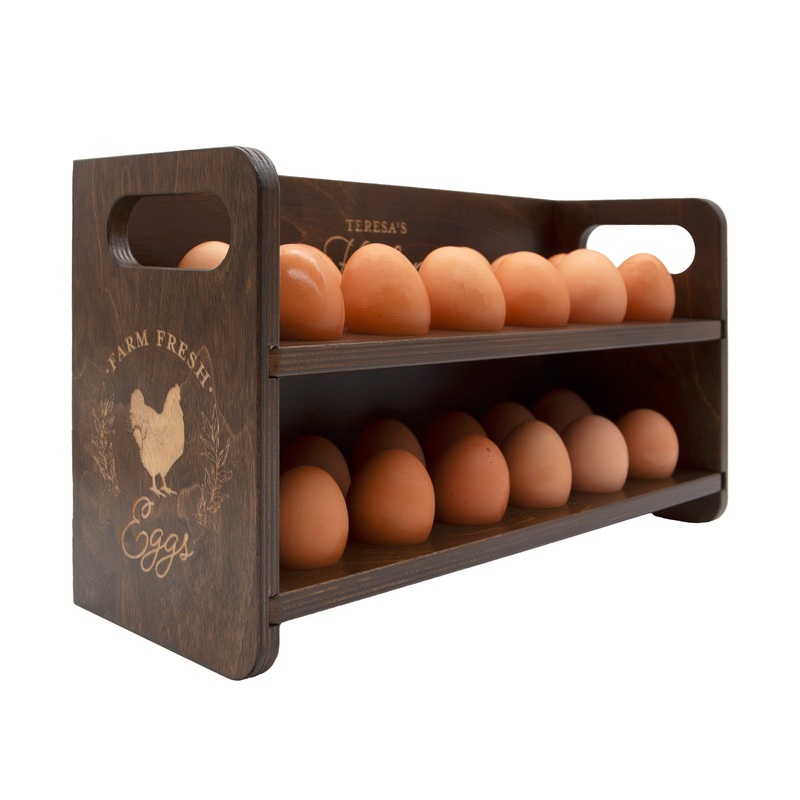 Wooden Egg Holder for 2 Dozen Eggs – Dark Walnut Stain With Laser Engraving – Customizable Farm Fresh Eggs – Handcrafted in the USA